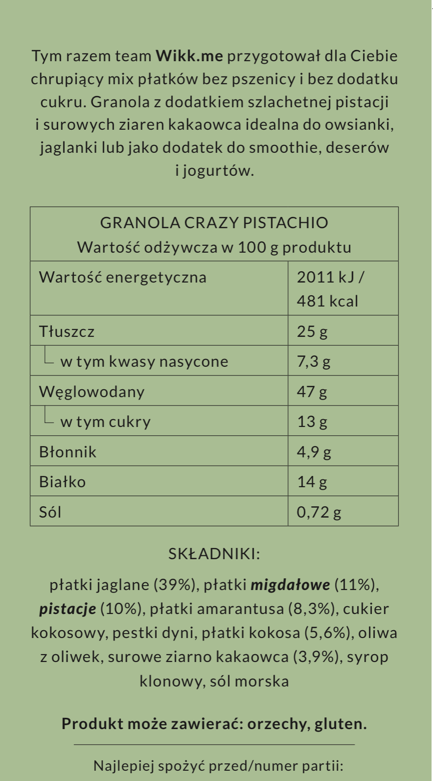 ektykieta z wartosciami odzywczymi granoli pistacjowej
