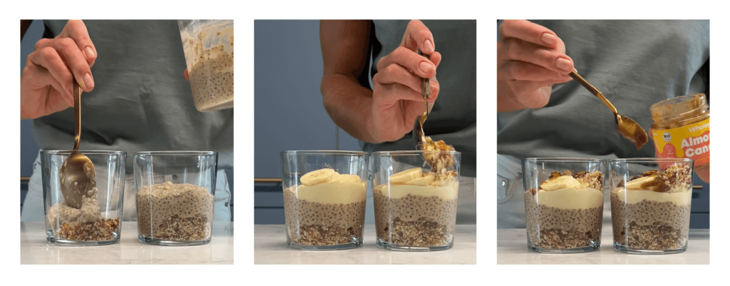 Trzy kolejne zdjęcia obrazujące nakładanie do szklanki kolejnych warstw deseru