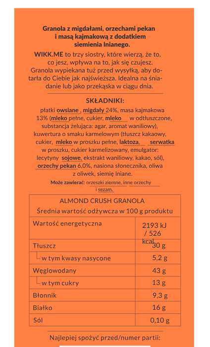 Widoczna tabela wartości odżywczych Almond Crush Granola