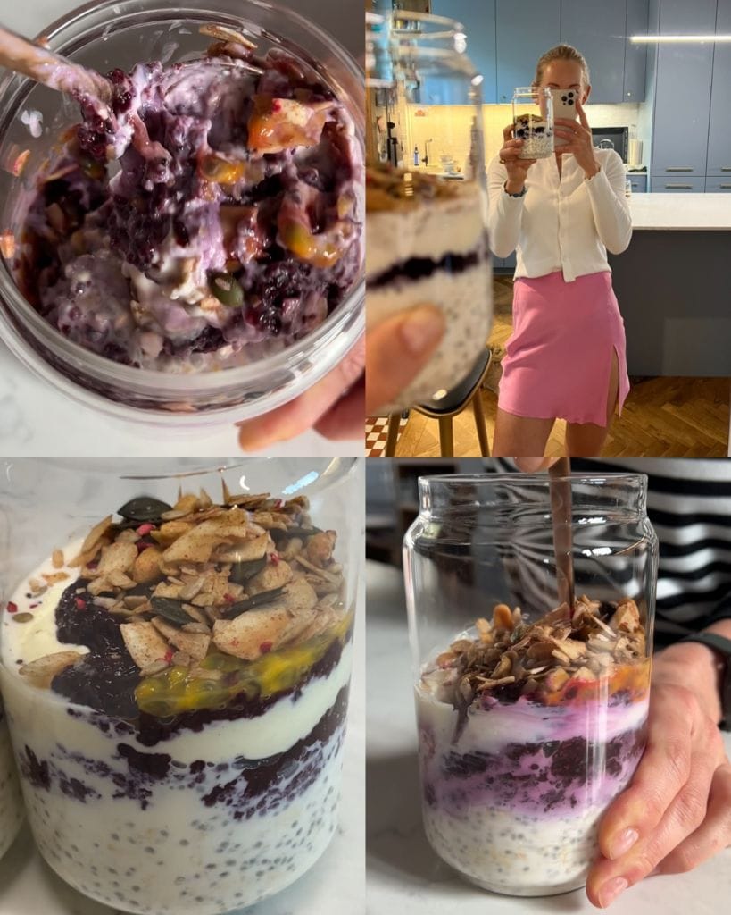 Nocna owsianka z chia dżemem z borówek i granolą Peanut Butter w różnych ujęciach