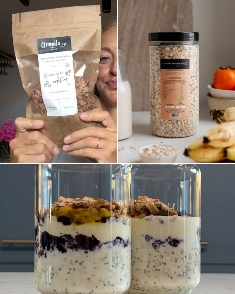 Trzy zdjęcia. Na pierwszym paczka granoli. Na drugim opakowanie płatków owsianych. Na trzecim dwa słoiki z nocną owsianką z chia dżemem z borówek.