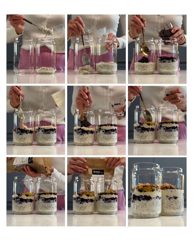 Wszystkie etapy wykonania nocnej owsianki z chia dżemem z borówek i granolą peanut butter