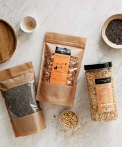 zestaw z dużą paczką nasion chia - szałwia hiszpańska, paczka standardowa Almond Crush Granoli 345g ibezglutenowe płatki owsiane BIO w tubie 600g